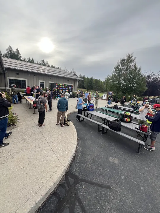 Players gathering outside the church