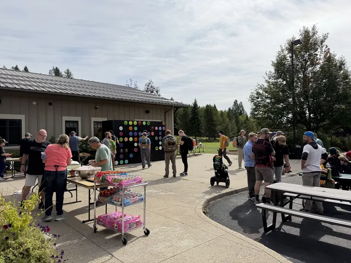 The picnic tables outside the church