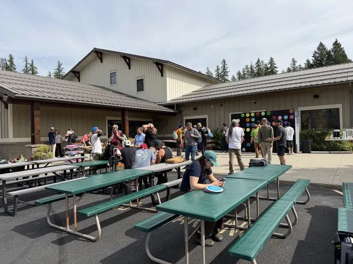 Picnic tables filling up at lunch