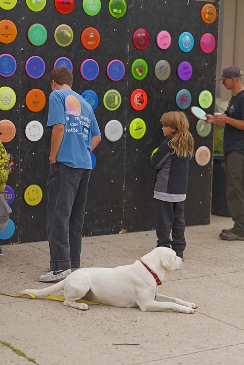 A girl and her dog at the disc wall